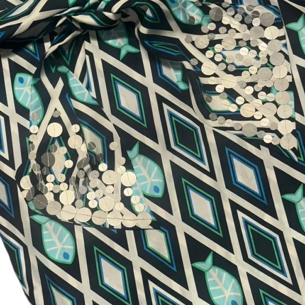 2000s TORY BURCH SILK Fish Print Blue/Turquoise embellished Kaftan Dress size 8